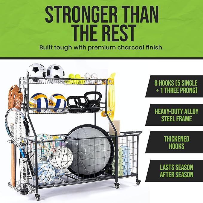 SpaceWise Sports Equipment Organizer – Garage Ball Storage Rack with Hooks, Baskets, Wheels & Detachable Portable Side Cart, Golf Organizer, Gym Equipment & Toy Storage Solution, Charcoal Finish