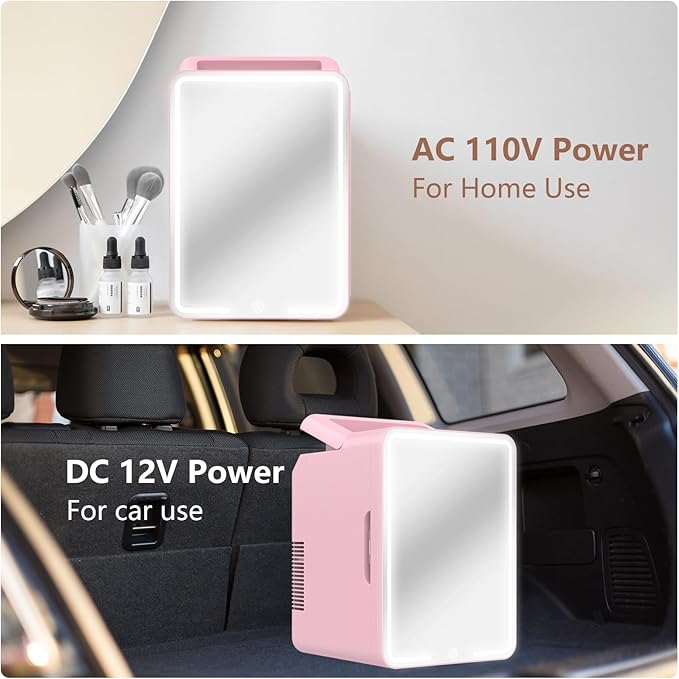 advwin 12L Mini Skincare Fridge with Dimmable LED Light Mirror, Makeup Fridge for Cooler & Warmer, Cosmetics, Beauty, Food & Drinks, Portable Small Refrigerator for Bedroom, Office, Dorm (12L pink)