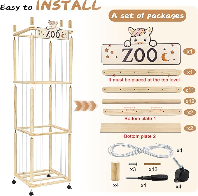 Stuffed Animal Storage Organizer, 55In Large Wooden Zoo Toy Storage Holder with Brake Wheels & Elastic Band, Space Save Stuffy Plushies Organizers for Playroom, Bedroom and Nursery