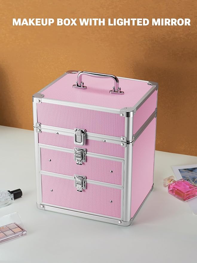Qislee Makeup Box with Double Drawers and Four Trays, A Detachable Lighted Mirror, Waterproof Travel Train Case, Cosmetic Organizer and Makeup Suitcase with Magnetic LED Mirror(ICY Pink)