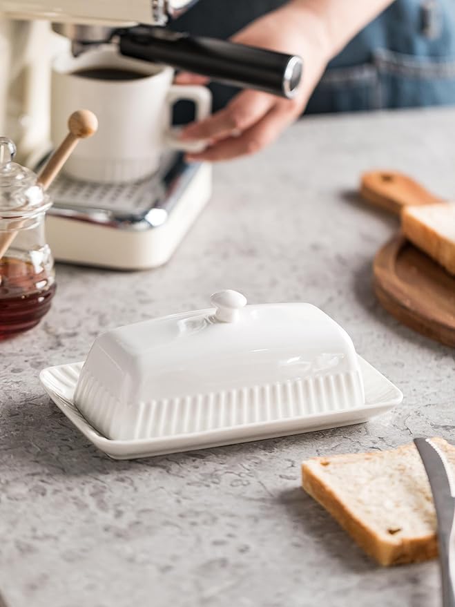 Ceramic Butter Dish with Lid, White Butter Holder Container with Porcelain Cover Knob Handle, Butter Dishes for Countertop Refrigerator, Perfect for East West Coast Butter Storage, Striped