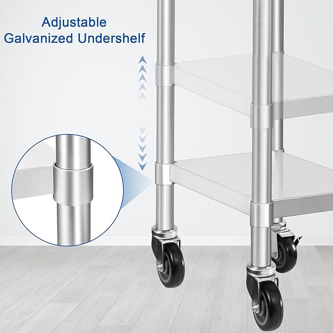 HARDURA Stainless Steel Commercial Table Prep & Work Table with Casters Heavy Duty Metal Table with Wheels NSF 430 24×15 Inches