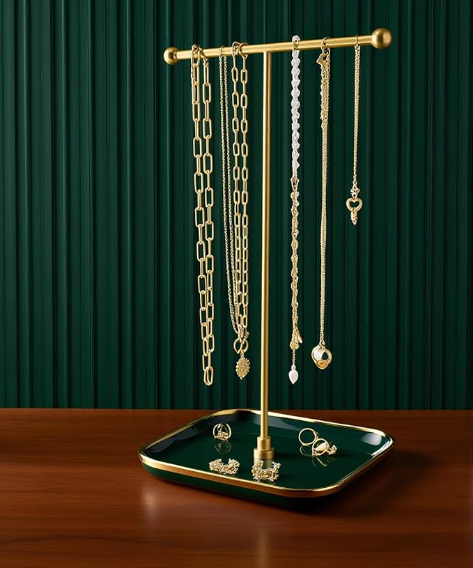 VROOMIUM Necklace Holder- Ceramic Base 1ft Height Jewelry Organizer Stand, Aesthetic Jewelry Hanger Display for Necklaces, Bracelets, Rings, Exhibidor de Collares-Elegant Green