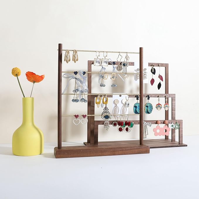 GemeShou Walnut earrings display stand for selling, wooden jewelry earring organizer shelf, wood earring storage organizer rack for boutique store【Earring shelf-Large】