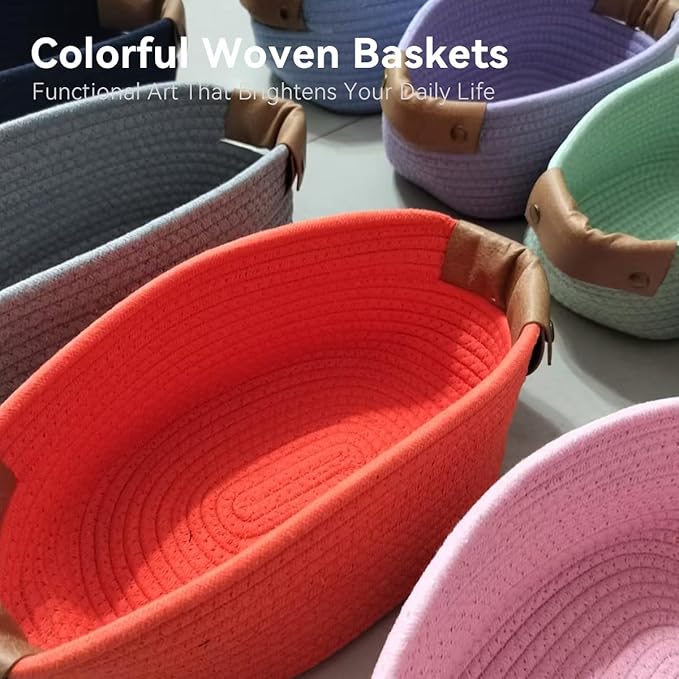 Medium Cotton Woven Basket with PU Leather Handle, Baby Clothes Toys Candy Gifts Cotton Rope Organizer, Living Room Basket Bathroom Shower Storage Laundry Basket, Dog Cat Bed, Cute Decor, Pink