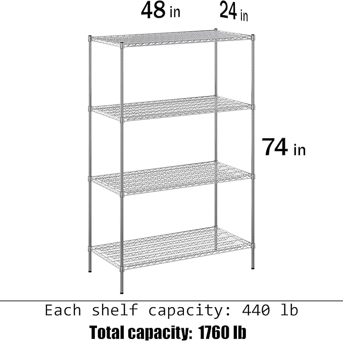24" Deep x 48" Wide x 74" Height Wire Shelving Kit | 4-Tier | NSF Commercial Storage Rack Unit