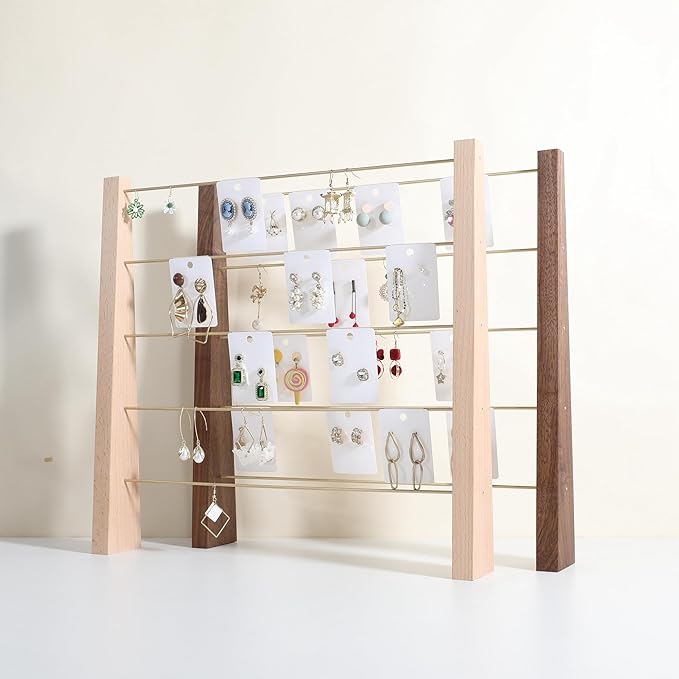 GemeShou 5 Tiers Beech Earring display stands for selling, Wooden Jewelry Shelf, Earring Storage Organizer, Brass earring holders with 30 PVC cards for stud Dangle Hoop【Beech 5-Tier】