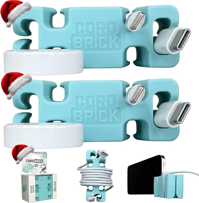 CordBrick Stocking Stuffers for Adults Cord Management Weighted Cord Holder Cable Wrap Phone Stand - Multiuse Gadget Organizer for Nightstand, Desk. Gift for Men, Durable Silicone. 2pk Aqua