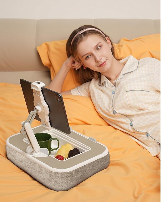 Viozon Kindle Pillow Stand Holder, Phone Holder for Bed, Laptop Lap Desk with Mouse Pad,Compatible with 4.7-13" Kindle/Tablet/Phone,10-15" Laptop, Snack Bowl&Cup Attachment&Detachable 360° Stand Arm