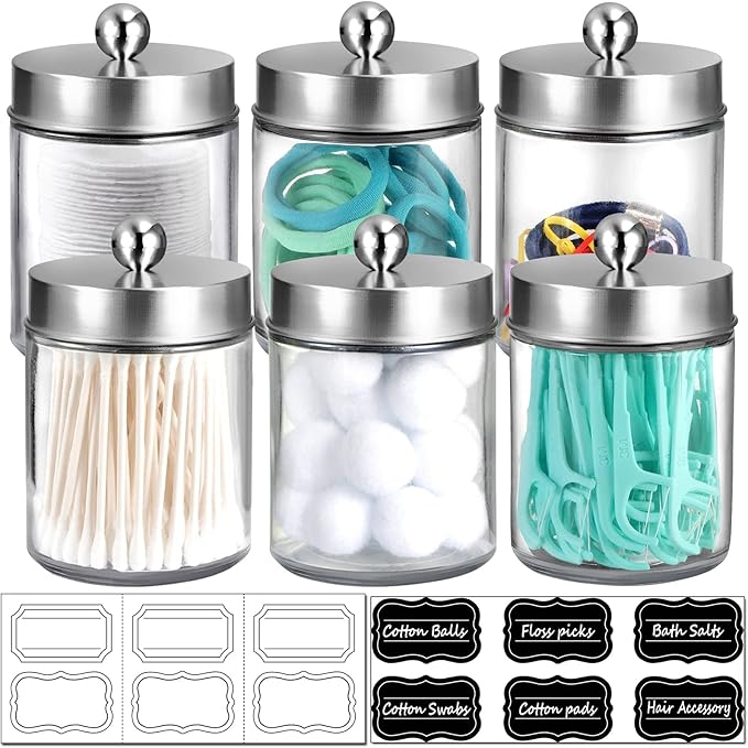 Amolliar 6Pc Apothecary Jars Bathroom Vanity Organizer- Rustic Farmhouse Decor Storage Canister&Stainless Steel Lids- Qtip Dispenser for Q-Tips,Cotton Swabs,Rounds,Ball,Flossers (Brushed Nickel)