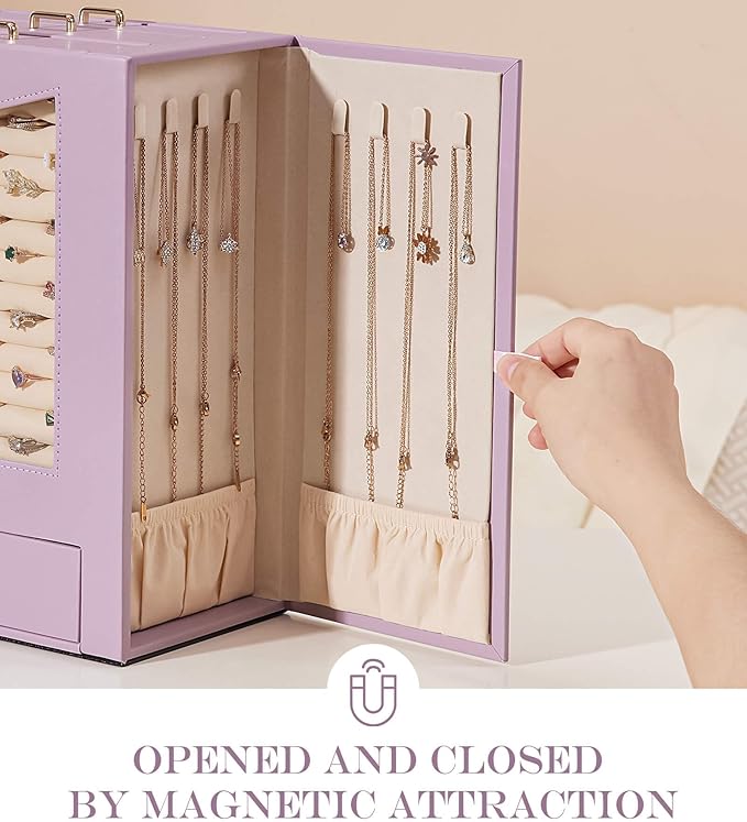 Homde Jewelry Organizer with Transparent Window Necklace Hooks Gift for Women Jewelry Box Display Case for Necklaces Rings Earrings Bracelets and Other Accessories (Grey Purple)