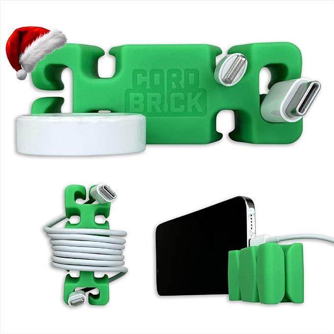 CordBrick Stocking Stuffers for Adults Cord Management Weighted Cord Holder Cable Wrap Phone Stand - Multiuse Gadget Organizer for Nightstand, Desk. Gift for Men, Durable Silicone. 1pk Green