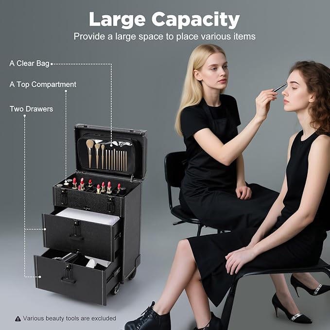 Professional Rolling Makeup Case, Large Cosmetic Trolley with Locks, Cosmetics Storage Organizer Make up Case with Universal Wheels for Make Up Nail Hairstylists
