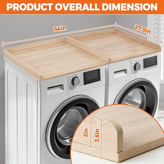 Washer Dryer Countertop, Wooden Laundry Countertop Set of 2 Dryer Storage Shelf for Laundry Room Organization (27.5" x 54") (Natural)