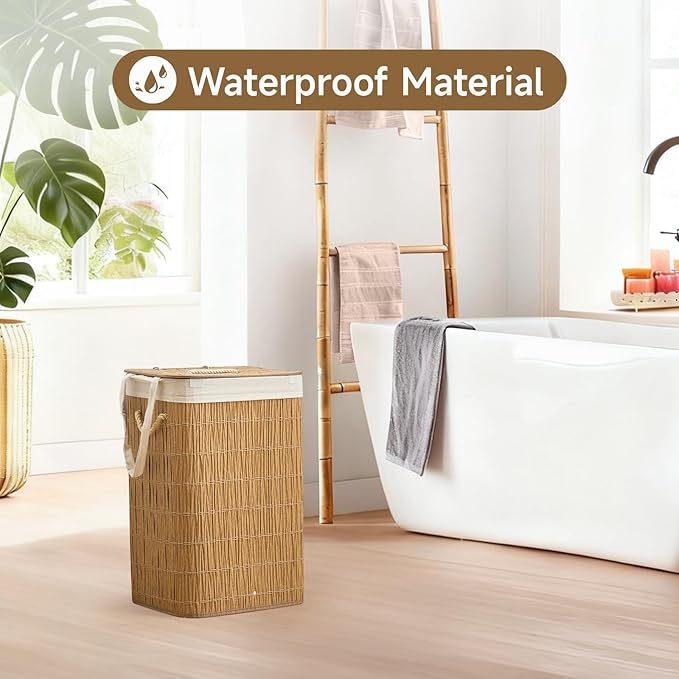 Laundry Hamper with Lid, 18.72 Gallons (72L) Laundry Basket with 2 Removable Liner Bags, Synthetic Rattan Clothes Hamper, laundry organization for bathroom, laundry room, Natural
