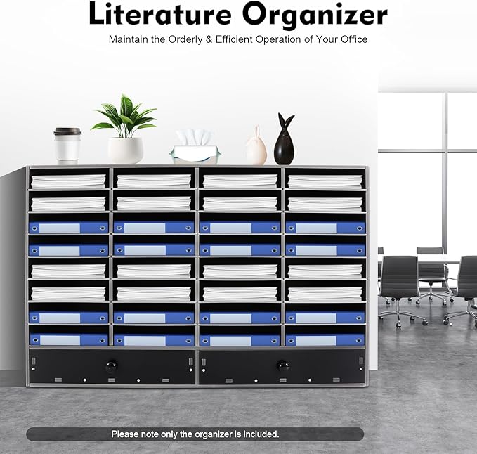 Adjustable Literature Organizer, 32 Compartments Mail Sorter Organizer with 2 Drawers, PVC Desktop File Sorter, Classroom Mailbox Office Mailbox Cubbies for Office, Home, Study Room Black