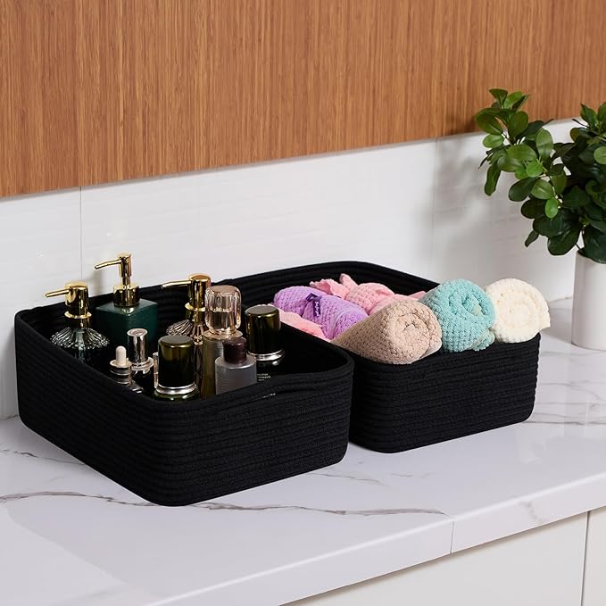 Large Shallow Organizing Baskets 15x11x5.1 Inches - Rope Woven Storage Bins for Bathroom, Shelves, Cube Closet, Black 3 Packs