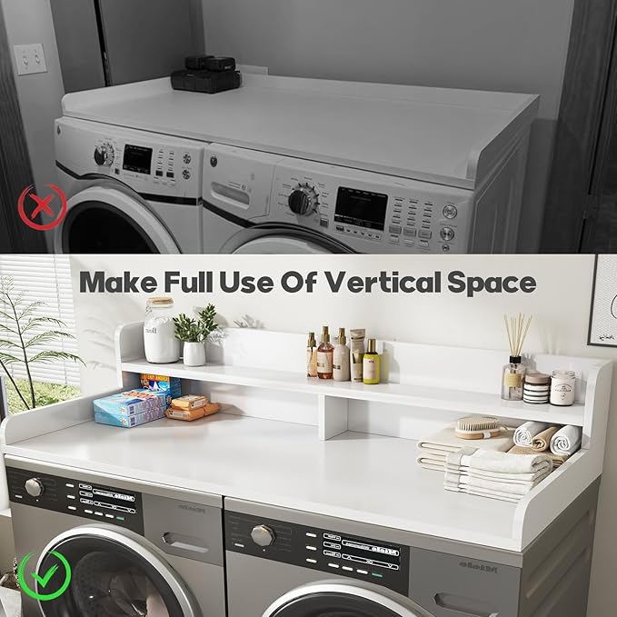 2-Tier Washer and Dryer Countertop with 2.75" H Guard,58" W x 28" D Laundry Countertop Cover with Non-Slip Pad,Large Space Laundry Topper for Folding Clothes Over Washer and Dryer-White