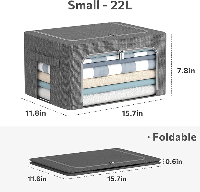 CYhom 3Pack Foldable Storage Bins - Frame Storage Box Linen Fabric Stackable Clothes Container Organizer with Clear Window & Carry Handles Large Capacity (Small-22L, Dark Gray)