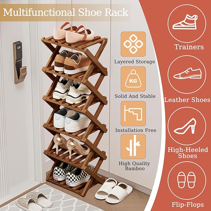 Comeon Bamboo Shoe Rack, Foldable Vertical Shoe Rack for Front Door Entrance Narrow Shoe Organizer Small Shoe Shelf for Entryway Shoe Storage Closet Multi-Tier (Brown Colors,6 Layers)