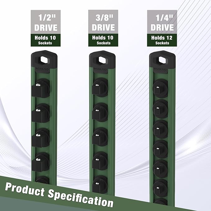 WORKPRO Magnetic Socket Organizer, 1/2-Inch Drive Aluminum Alloy Socket Rail, Heavy Duty Socket Holder, Socket Rack Kit 1/2-Inch x 10 Clips Green (Socket not Included)