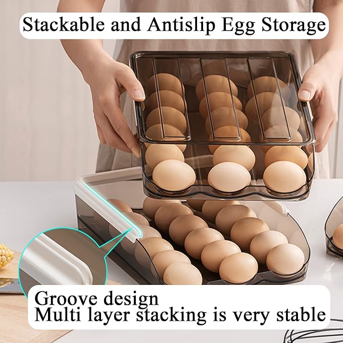 Egg Holder for Refrigerator Auto Scrolling Organizer Plastic Stackable Storage Container Reusable Clear Tray Box Basket Bin Lid Drawer Carrier Keeper(3 Layer)