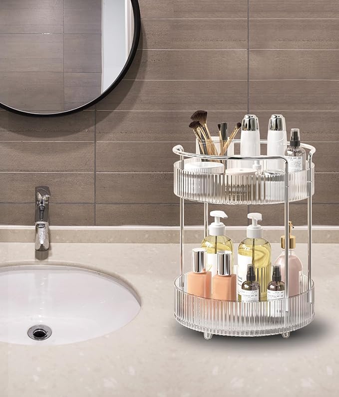 360° Rotating Makeup Organizer for Vanity, Skincare Perfume Organizers and Storage for Bathroom Countertop, Clear Makeup Brush Holder Lazy Susan for Counter (Transparent, 2 Tier)