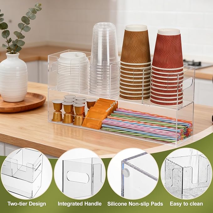 MYITYARD Coffee Cup Holder for Countertop, 2-Tier Clear Acrylic Cup Dispenser, Coffee Bar Accessories Organizer, Paper Cup and Lid Holder with Straw Organizer for Office, Home (5 Compartment)