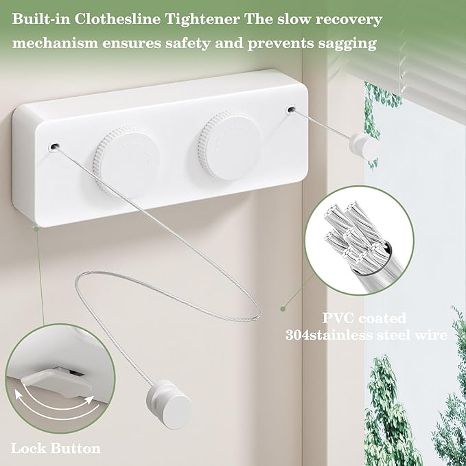 Danpoo Retractable Clothesline, Anti-Sag Adjustable Knob Heavy-Duty Clothes Line for Indoors/Outdoors with 2 * 13.8ft Stainless Steel Wire, Laundry Wall Drying Solutions