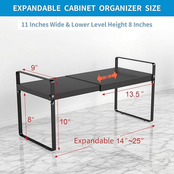 Expandable Cabinet Shelf Organizer 14-25 Inch Adjustable Length, 9" Wide 2-Tier (8" Bottom Layer) Metal Storage Rack for Kitchen Pantry, Under Sink Countertop - Heavy Duty Black(2 Pack)