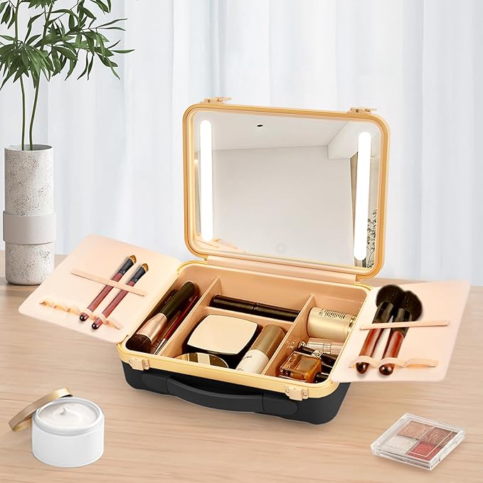 Portable Makeup Box, 11.42 * 3.54 * 8.66 In Travel Makeup Train Cases Cosmetic Organizer Portable Make Up Storage Box with Led Mirror for Makeup Artists Hair Stylists Nail Technicians (Black)