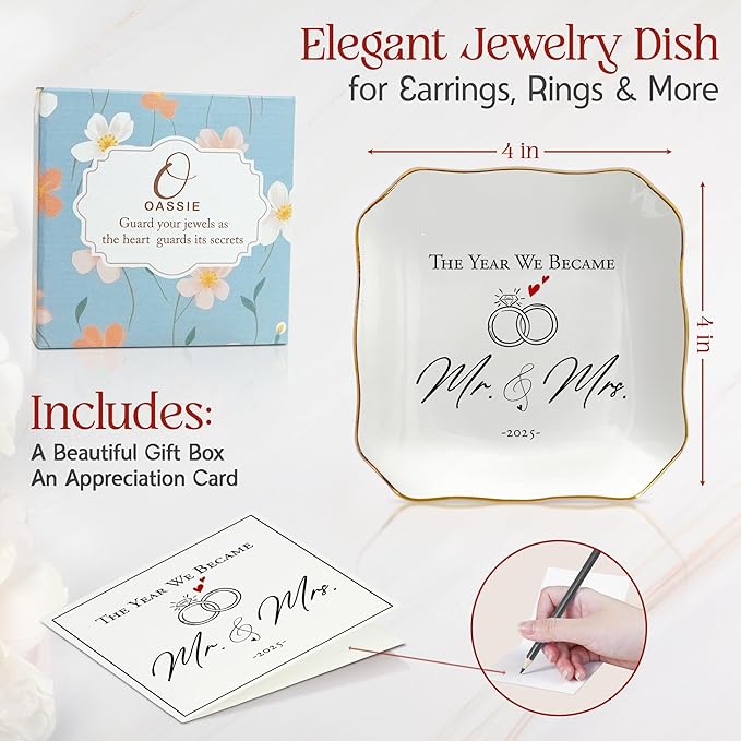 OASSIE Christmas Wedding Gifts for Couples 2025 - Mr and Mrs Gifts 4"x4" Ceramic Jewelry Dish Tray - Bridal Shower Engagement Gifts for Bride Women Newlyweds Marriage Just Married