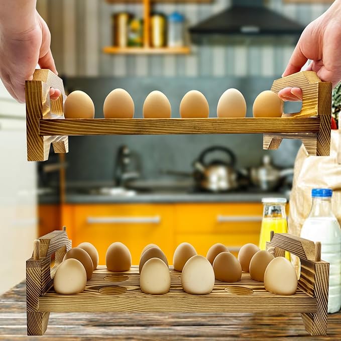 Wooden Egg Holder Countertop, Stackable Egg Storage Trays for 36 Fresh Chicken Deviled Egg Organizer Rustic Kitchen Decoration, Egg Container Rack, set of 2 pieces