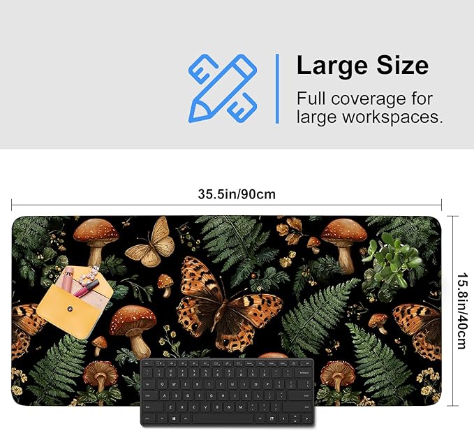 Vintage Butterfly Mushroom Mouse Pad – Large Extended Desk Mat 35.43 x 15.75 in – Dark Forest Aesthetic with Ferns & Fungi, Waterproof Surface, Non-Slip Rubber Base, Keyboard & Mouse Pad