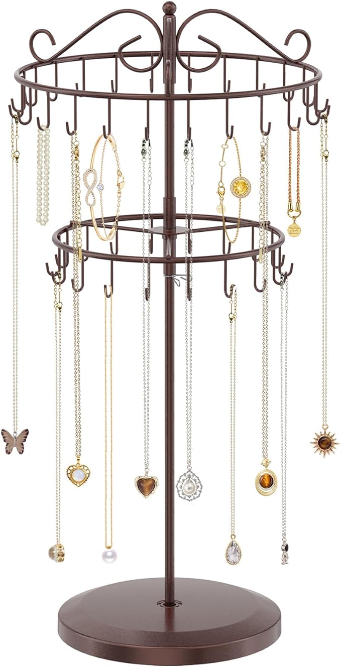 iDavosic.ly 2 Tier Rotating Necklace Holder Organizer with 42 Hooks, Adjustable Metal Bracelet Display Stand Rack, Extra Tall Keychain Spinning Tree Tower for Women, Espresso Brown