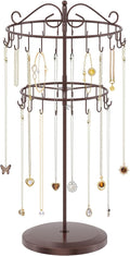 iDavosic.ly 2 Tier Rotating Necklace Holder Organizer with 42 Hooks, Adjustable Metal Bracelet Display Stand Rack, Extra Tall Keychain Spinning Tree Tower for Women, Espresso Brown