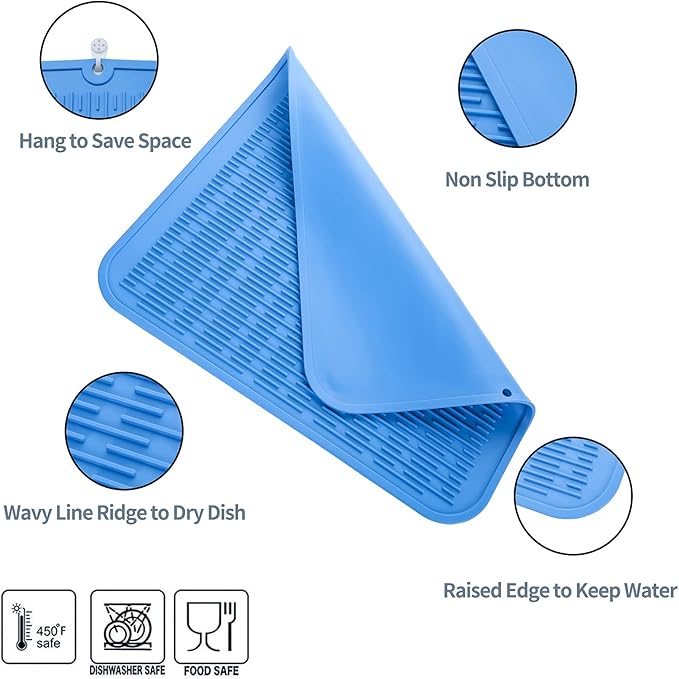 Silicone Dish Drying Mat for Multiple Usage,Easy clean,Eco-friendly,Heat-resistant Silicone Mat for Kitchen Counter or Sink,Refrigerator or Drawer Liner Lichen BlueL 2XL 24 inches x 18 inches