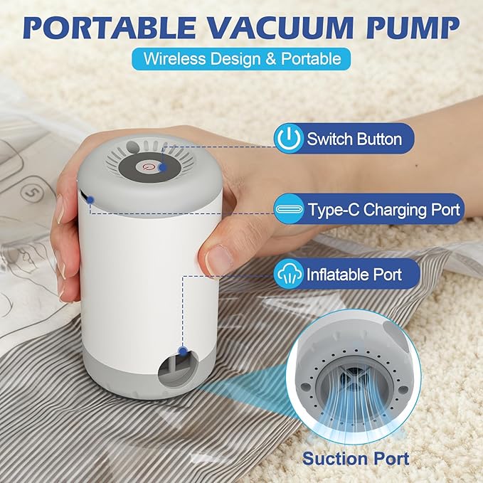 Travel Vacuum Storage Bags with Rechargeable Air Pump, 9 Pack Portable Space Saver Bags, Compression Bags for Clothing, Bedding, Seasonal Storage & Packing Bags for Moving