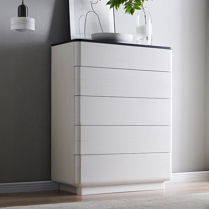 ACCOHOHO Modern 5 Drawer Dresser for Bedroom, 42" Tall Wooden Dressers with Large Storage,Handleless Chest of Drawers for Living Room & Hallway, Curved Profile Design, White