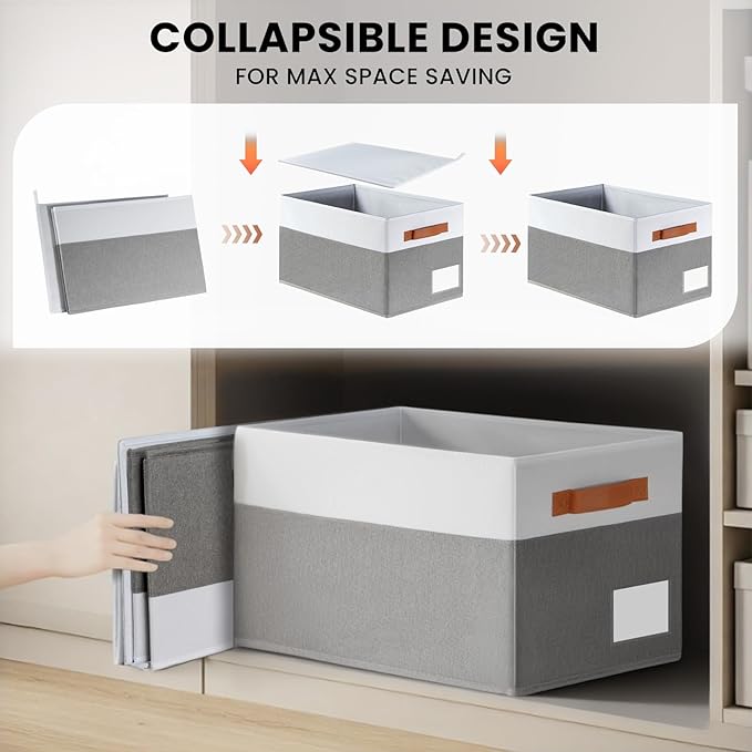 Criusia Large Closet Storage Baskets for organizing 4 Pack - Heavy Duty Closet Shelf Organizer Bins with Handles & Labels - Decorative Collapsible Baskets for Living Room Bedroom Nursery Dorm 14"x10"