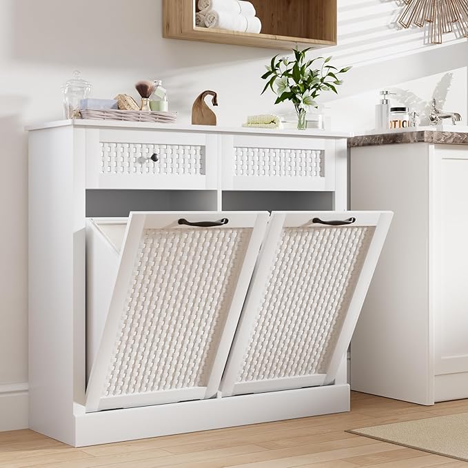 Double Tilt Out Laundry Hamper Cabinet,10 Gallon Laundry Cabinet with Drawers ＆ 2 Hidden Baskets, Farmhouse Storage Basket for Laundry Room, Bathroom, Kitchen, Wood, White