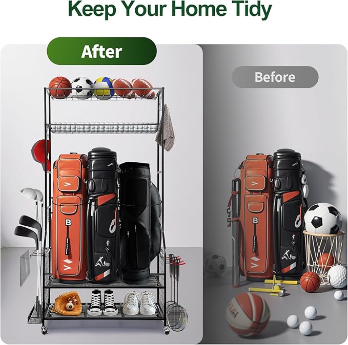 Golf Bag Storage Garage Organizer, 3 Golf Bags Organizer and Golfing Equipment Accessories Storage Rack, Sports Equipment Storage Organizer with Wheels, 4 Hooks, and Extra Club Display Rack