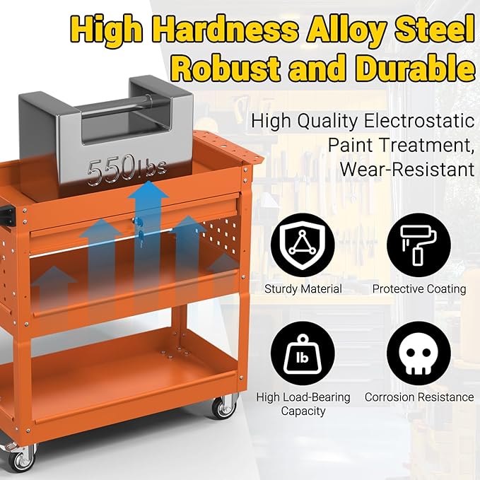 3 Tier Rolling Tool Cart on Wheels, 550 LBS Tool Cart with Drawers，Heavy Duty Utility Cart with Pegboard and Hook，Mechanic Tool Storage Cart for Garage, Warehouse and Repair Shop(Orange)