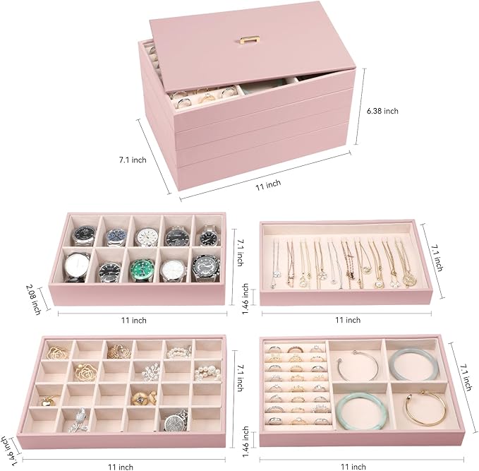 Voova Stackable Jewelry Organizer Tray with Lid, PU Leather Jewelry Storage Holder for Drawer Inserts, Jewellery Display Box Case for Earring Necklace Ring Watch Bracelet (Set of 4, Rose Gold)