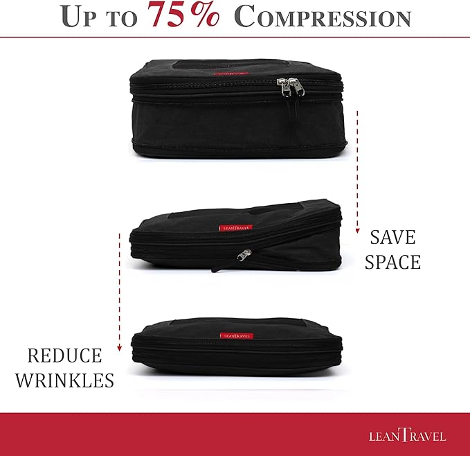 LeanTravel Compression Packing Cubes for Travel Organizers with Double Zipper (6-Pack (2L+2M+2S), Black)