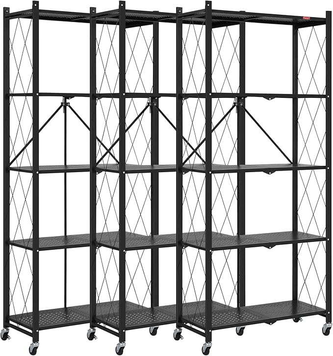 DEANIC 5 Tier Foldable Storage Shelves with Wheels, Large Capacity Shelving Unit, Freestanding Metal Wire Shelf Rack, No Assembly Organizer Rack for Garage Kitchen, Basement, Pantry(Black Pack of 3)