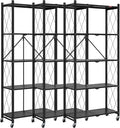 DEANIC 5 Tier Foldable Storage Shelves with Wheels, Large Capacity Shelving Unit, Freestanding Metal Wire Shelf Rack, No Assembly Organizer Rack for Garage Kitchen, Basement, Pantry(Black Pack of 3)