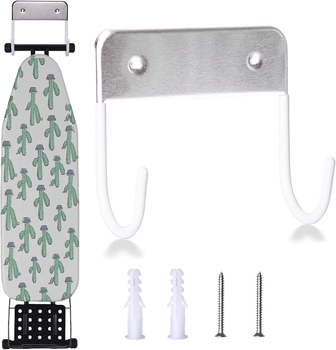 Ironing Board Hanger Wall Mount, Ironing Board Holder for Y or T Shaped,Stainless Steel Wall Hook Iron Board Holder for Laundry Rooms with 2 Hooks (White)