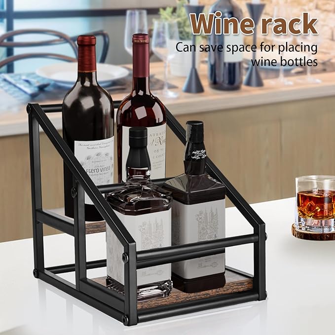 Coffee Syrup Rack Organizer,Liquor Bottle Display Shelf,2-Tier 4 Bottle Stand for Coffee Bar, Kitchen Station, Liquor, Wine, Dressing,Rustic Brown