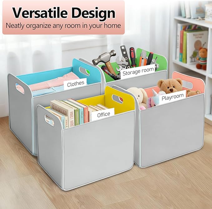 6 Pcs 14x10 Inch Colorful Felt Rectangular Storage Bins Collapsible Storage Basket with Handle for Shelves Closet Bedroom Office Clothes Book Holiday Christmas Stuff Organizer(Gray-macaron)